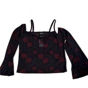 Thorn and Fable Cold Shoulder Black and Red rose Sheer Top